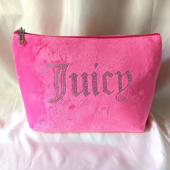 NEW 💥 JUICY COUTURE DEEP PINK VELOUR TRAVEL COSMETIC BAG w/ Travel Size Bottle - Picture 2 of 7